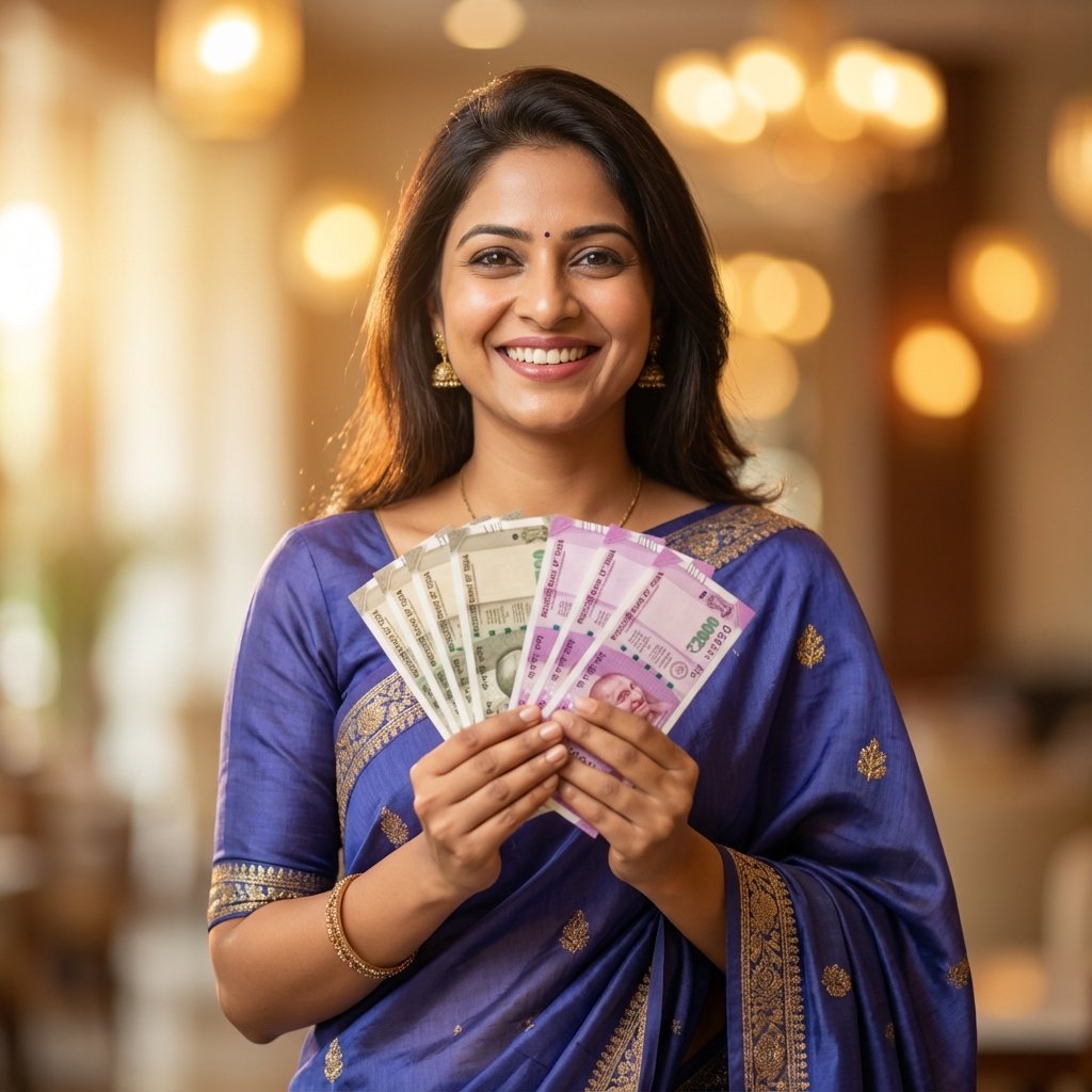 Happy Young Woman with Cash
